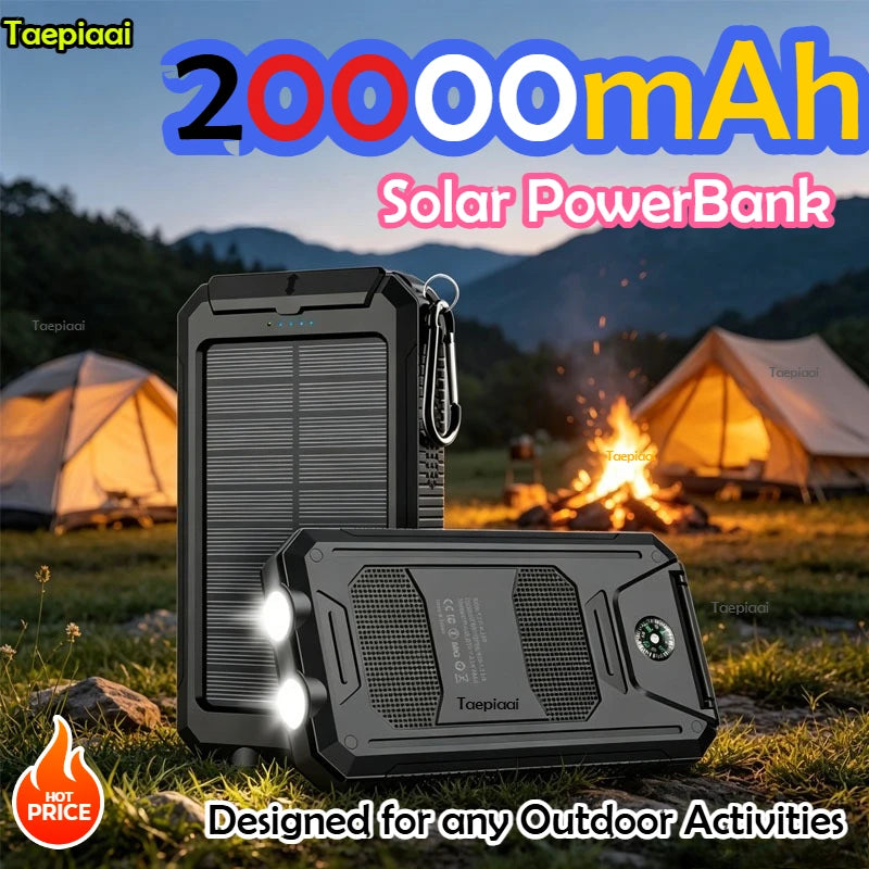 Solar Power Bank 20000mAh Portable Charging Poverbank External Battery Charger Strong Light LDE Light for All Smartphones