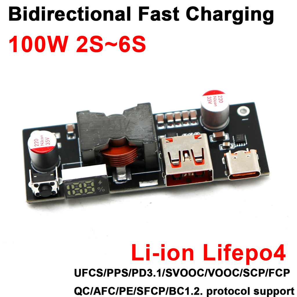 PD 100W Bidirectional Fast Charger Power Bank Module Boost Buck 2S 3S 4S 5S 6S Battery Charging-Discharging Li Ion Lifepo4 BMS