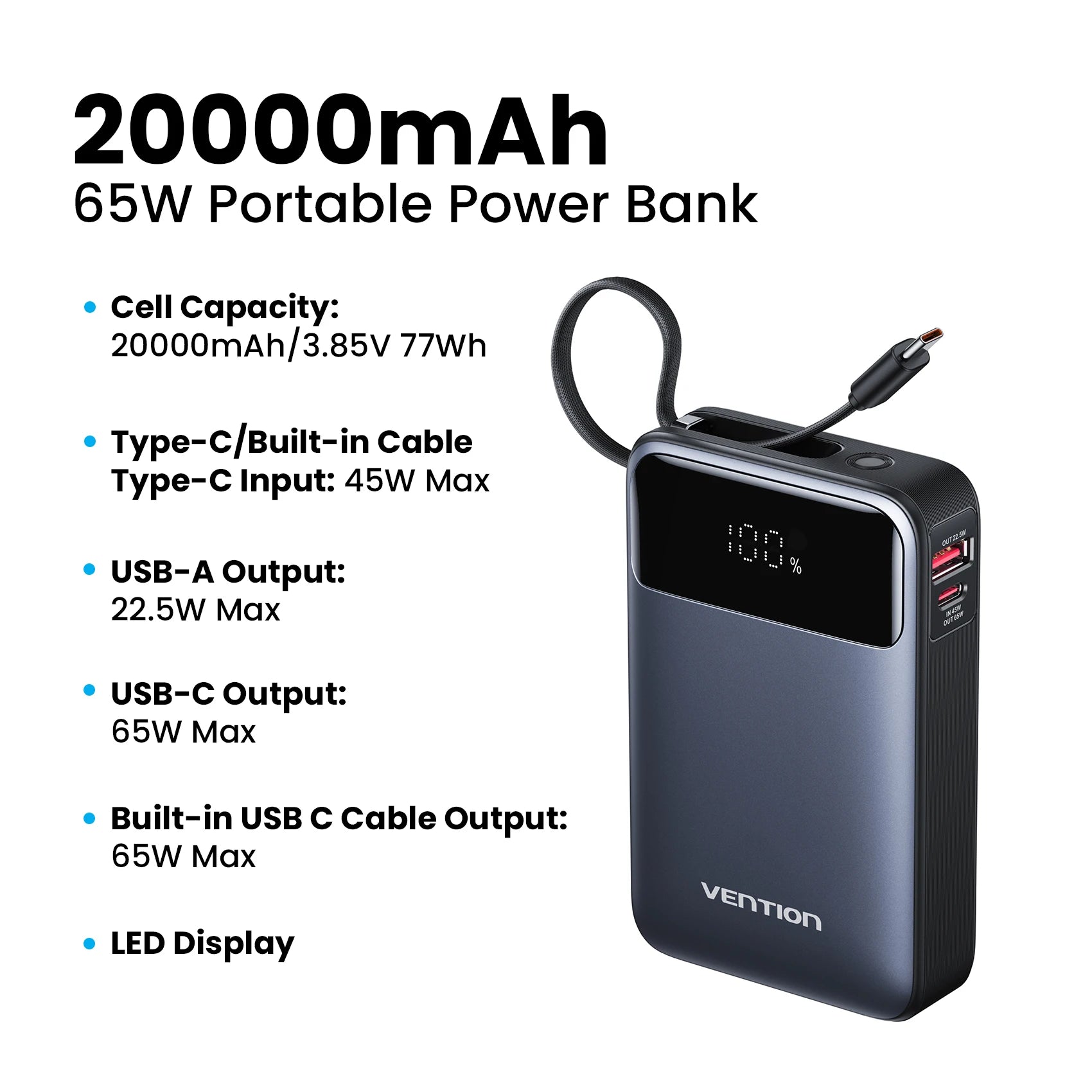 Vention Power Bank 20000mAh Portable PD 65W Fast Charging Built-in Type-C Cable External Battery Powerbank For iPhone 17 Laptop