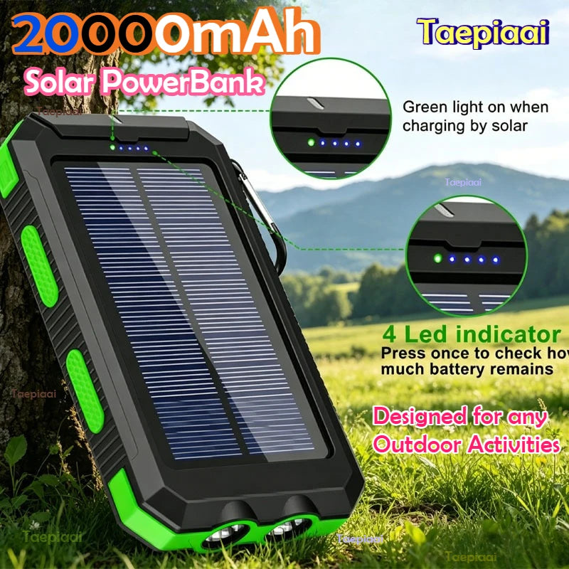 Solar Power Bank 20000mAh Portable Charging Poverbank External Battery Charger Strong Light LDE Light for All Smartphones