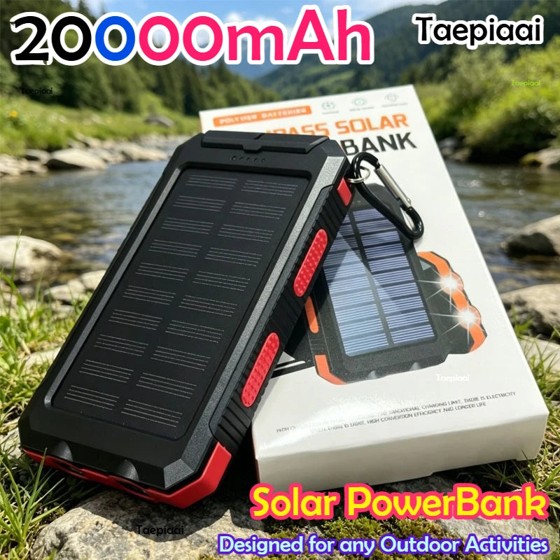 Solar Power Bank 20000mAh Portable Charging Poverbank External Battery Charger Strong Light LDE Light for All Smartphones
